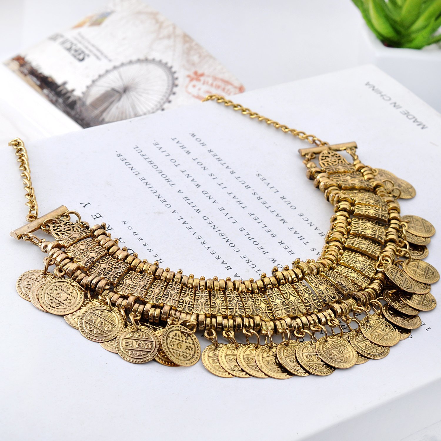 LUREME Vintage Engraved Coin Bib Statement Necklace Clavicle Necklace (01003295) (Antique Gold)