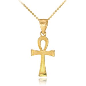 14k Yellow Gold Egyptian Ankh Cross Charm Pendant Necklace, 16"