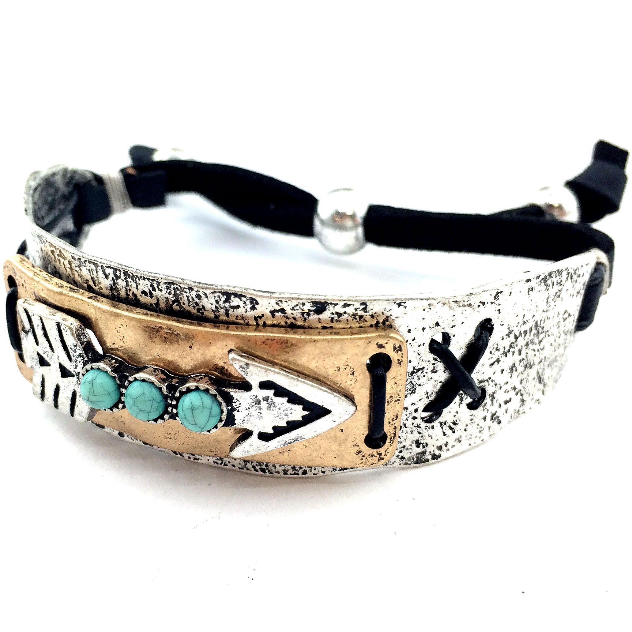 Western Peak Western Tritone Hammered Plate Arrow Turquoise Leather Cuff Bracelet Silver (White)