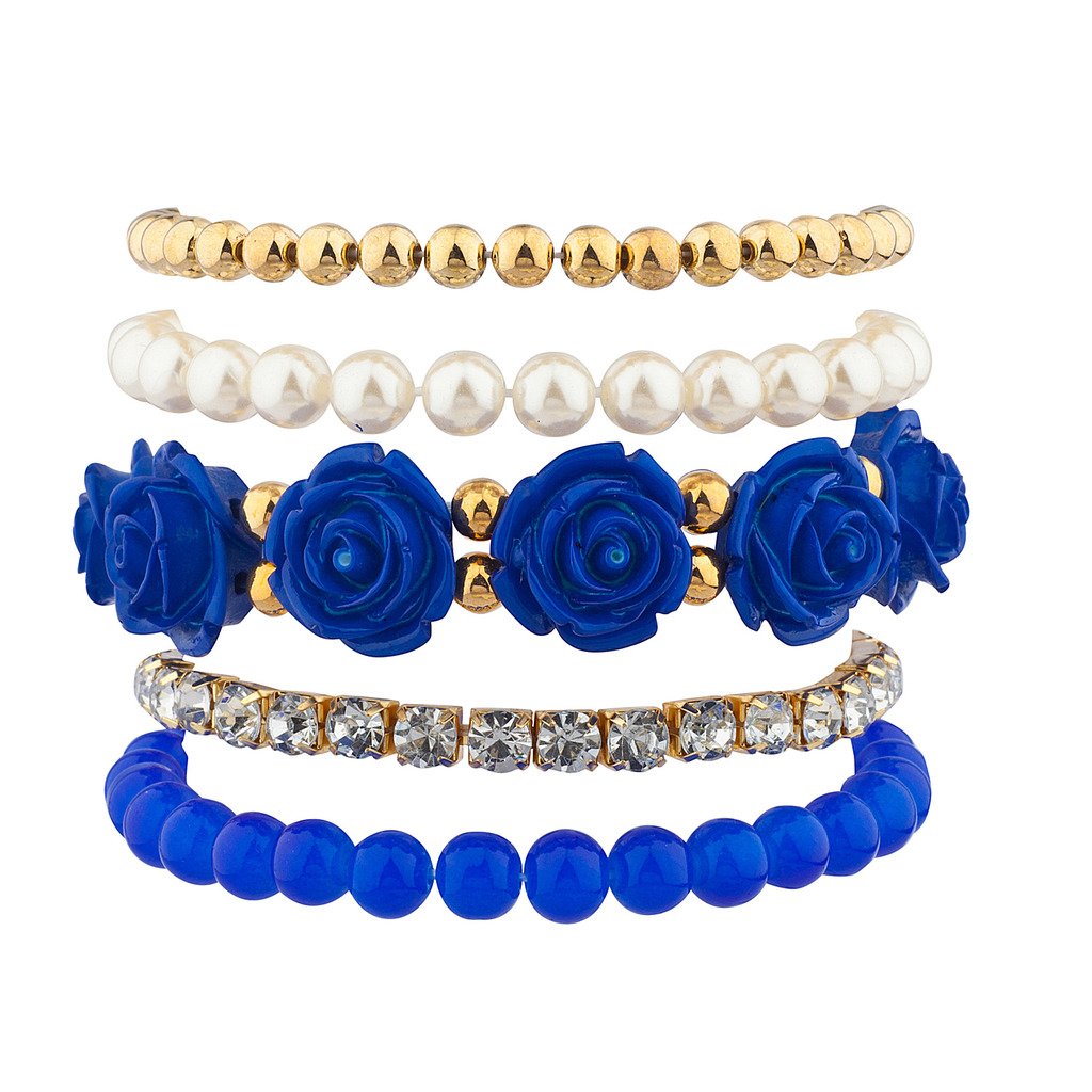 LUX ACCESSORIES Blue Rose Floral Flower Pave Crystal Beaded Stretch Arm Candy Bracelet Set