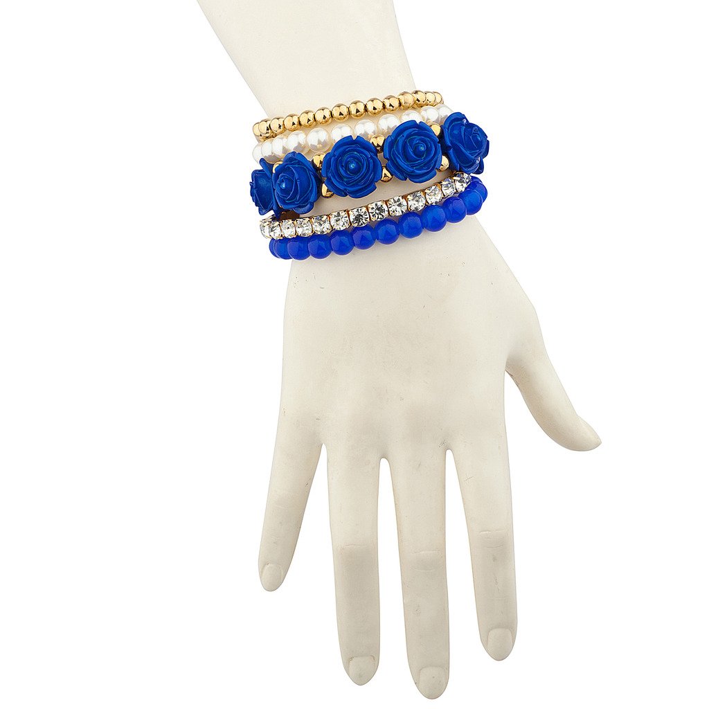 LUX ACCESSORIES Blue Rose Floral Flower Pave Crystal Beaded Stretch Arm Candy Bracelet Set