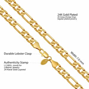 LIFETIME JEWELRY 7mm Figaro Chain Necklace Diamond Cut 24k Real Gold Plated (Gold, 20 inches)