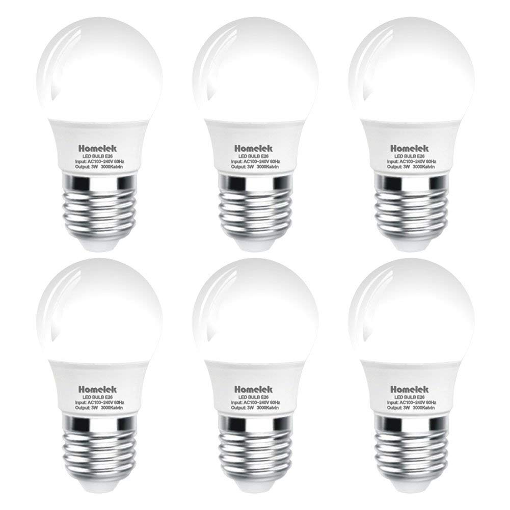 Homelek (6 Pack) 3W LED Light Bulbs, Equivalent to 25W, E26 Base, G45/G14 Bulb, 300 Lumens, Warm White 3000 Kelvin, Best for Bedrooms and Living Rooms