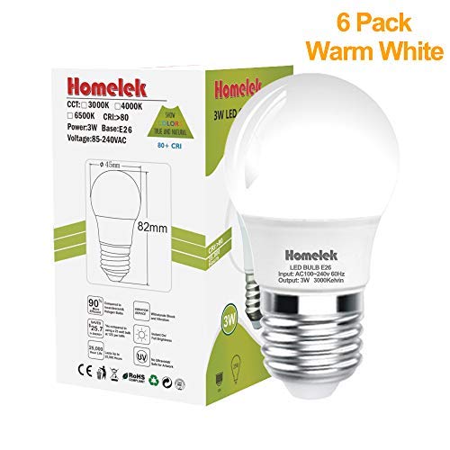 Homelek (6 Pack) 3W LED Light Bulbs, Equivalent to 25W, E26 Base, G45/G14 Bulb, 300 Lumens, Warm White 3000 Kelvin, Best for Bedrooms and Living Rooms