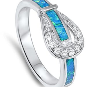 Belt Buckle Design Clear CZ Blue Simulated Opal Ring .925 Sterling Silver Size 6