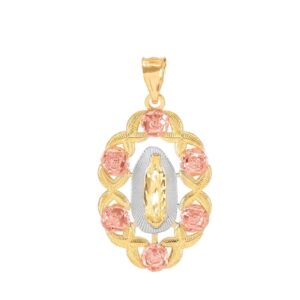 10K Tri-Color Yellow, White & Rose Gold Our Lady of Guadalupe Miraculous Immaculate Conception Catholic Scalloped Oval Pendant