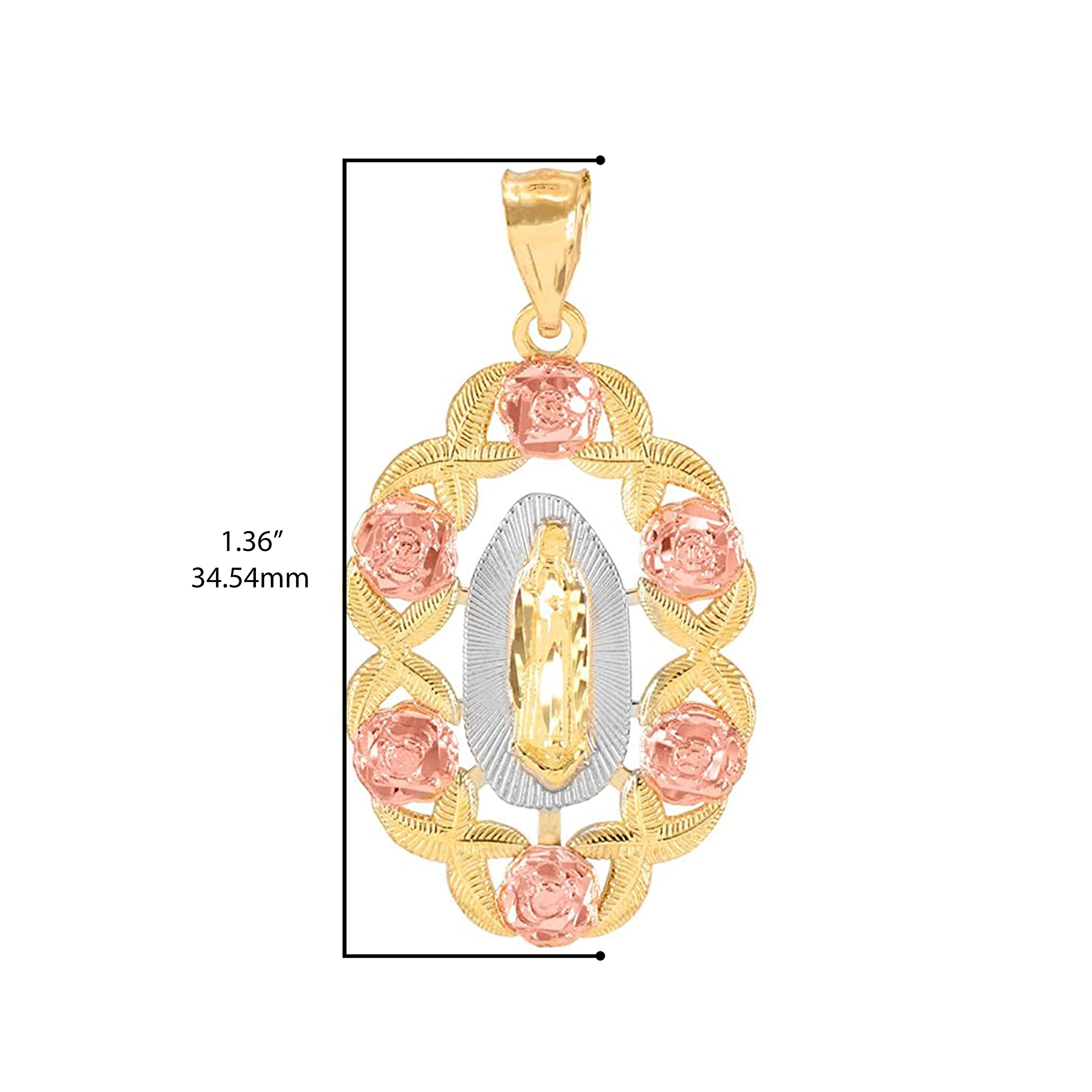 10K Tri-Color Yellow, White & Rose Gold Our Lady of Guadalupe Miraculous Immaculate Conception Catholic Scalloped Oval Pendant