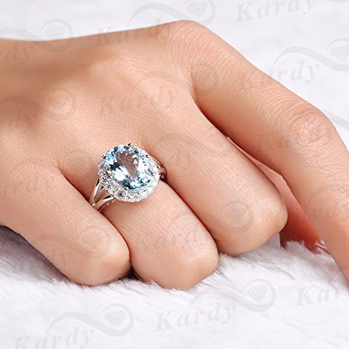 Fashion Natural Blue Aquamarine Gemstone Real Diamond Solid 14K White Gold for Women Lady Wedding Engagement Band Ring Set