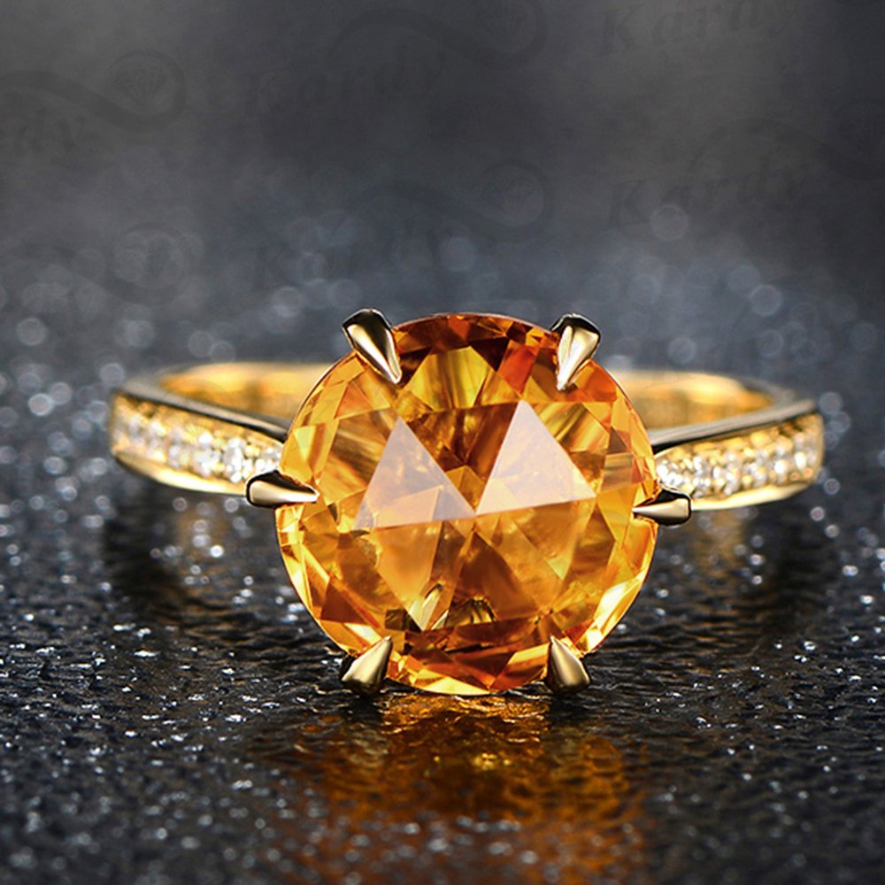 Kardy Amazing Solid 14K Yellow Gold Natural Citrine Gemstone Diamond Wedding Engagement Ring for Women