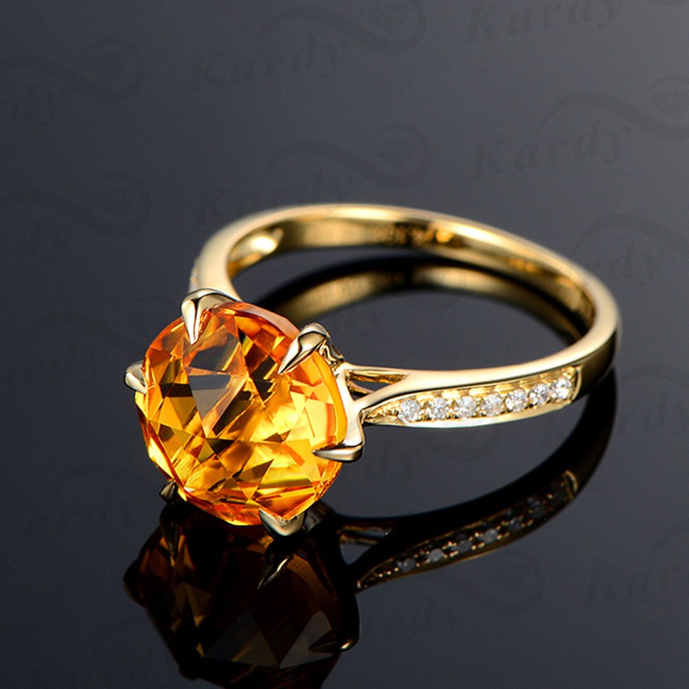 Kardy Amazing Solid 14K Yellow Gold Natural Citrine Gemstone Diamond Wedding Engagement Ring for Women