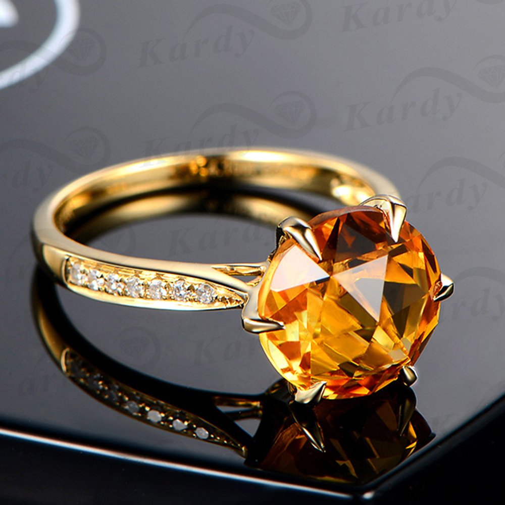 Kardy Amazing Solid 14K Yellow Gold Natural Citrine Gemstone Diamond Wedding Engagement Ring for Women