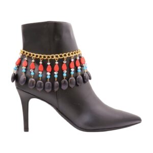 Women Western Boot Chain Bracelet Gold Metal Shoe Anklet Red Leaf Turquoise Beads Charm Jewelry