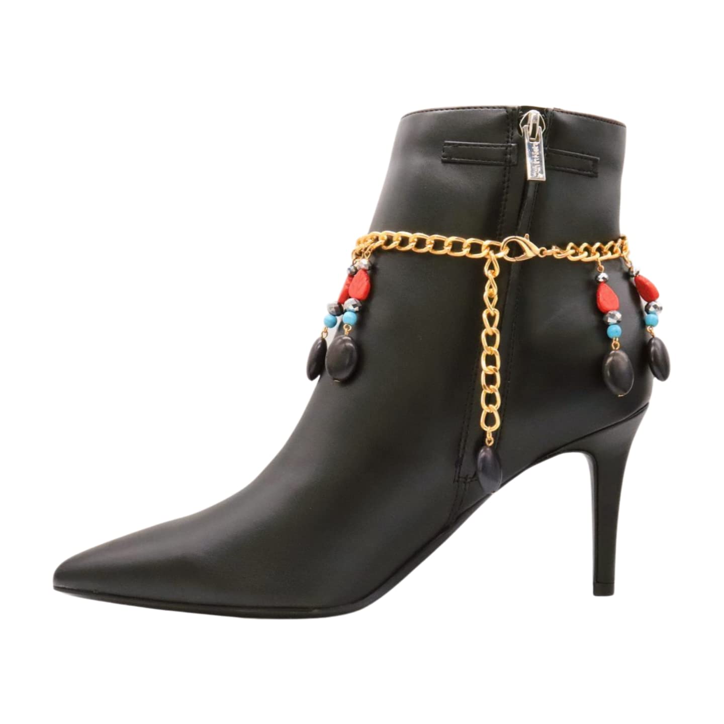 Women Western Boot Chain Bracelet Gold Metal Shoe Anklet Red Leaf Turquoise Beads Charm Jewelry