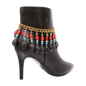 Women Western Boot Chain Bracelet Gold Metal Shoe Anklet Red Leaf Turquoise Beads Charm Jewelry