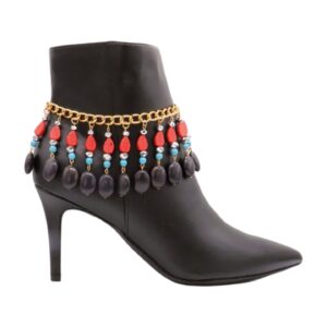 Women Western Boot Chain Bracelet Gold Metal Shoe Anklet Red Leaf Turquoise Beads Charm Jewelry