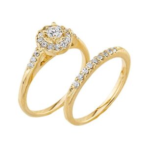 Elegant 14k Yellow Gold Diamond Halo Wedding Engagement Ring Set (Size 9)