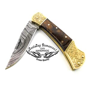 Best.Buy.Damascus1 Damascus pocket knife, Folding knife, Pocket Knife For Men, Knife Set with knife sharpeners Premium Quality gifts for men (Rose Scrimshaw)