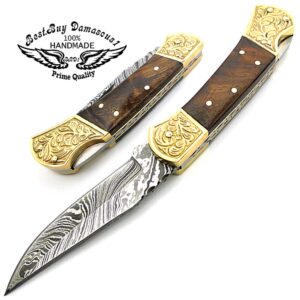 Best.Buy.Damascus1 Damascus pocket knife, Folding knife, Pocket Knife For Men, Knife Set with knife sharpeners Premium Quality gifts for men (Rose Scrimshaw)