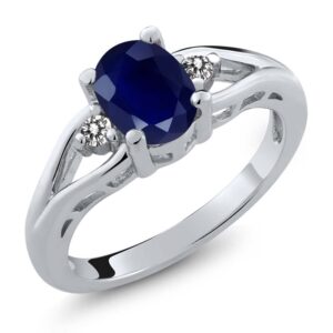 gem stone king 925 sterling silver blue sapphire and white diamond engagement ring | 1.86 cttw | oval 8x6mm | 3 stone wedding anniversary promise ring for women | ring size 5-9