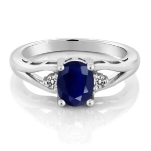 Gem Stone King 925 Sterling Silver Blue Sapphire and White Diamond Engagement Ring | 1.86 Cttw | Oval 8X6MM | 3 Stone Wedding Anniversary Promise Ring For Women | Ring Size 5-9