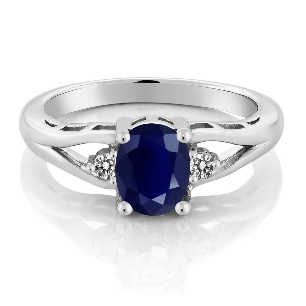 Gem Stone King 925 Sterling Silver Blue Sapphire and White Diamond Engagement Ring | 1.86 Cttw | Oval 8X6MM | 3 Stone Wedding Anniversary Promise Ring For Women | Ring Size 5-9