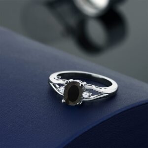 Gem Stone King 925 Sterling Silver Black Onyx 3 Stone Engagement Ring For Women | 1.31 Cttw | Oval 8X6MM | Round 2MM | Gemstone Birthstone | Available in Size 5,6,7,8,9