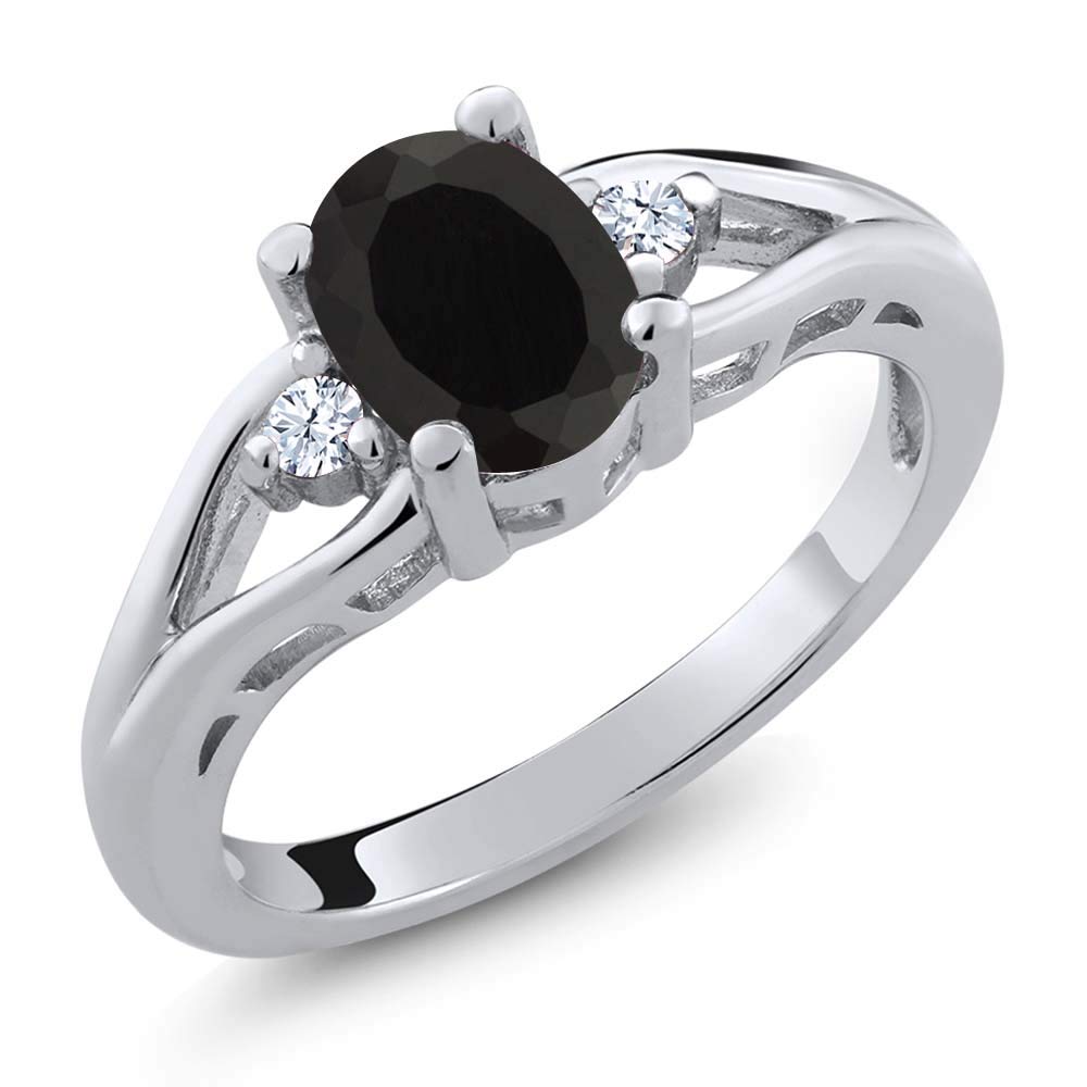 Gem Stone King 925 Sterling Silver Black Onyx 3 Stone Engagement Ring For Women | 1.31 Cttw | Oval 8X6MM | Round 2MM | Gemstone Birthstone | Available in Size 5,6,7,8,9