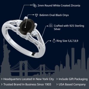 Gem Stone King 925 Sterling Silver Black Onyx 3 Stone Engagement Ring For Women | 1.31 Cttw | Oval 8X6MM | Round 2MM | Gemstone Birthstone | Available in Size 5,6,7,8,9