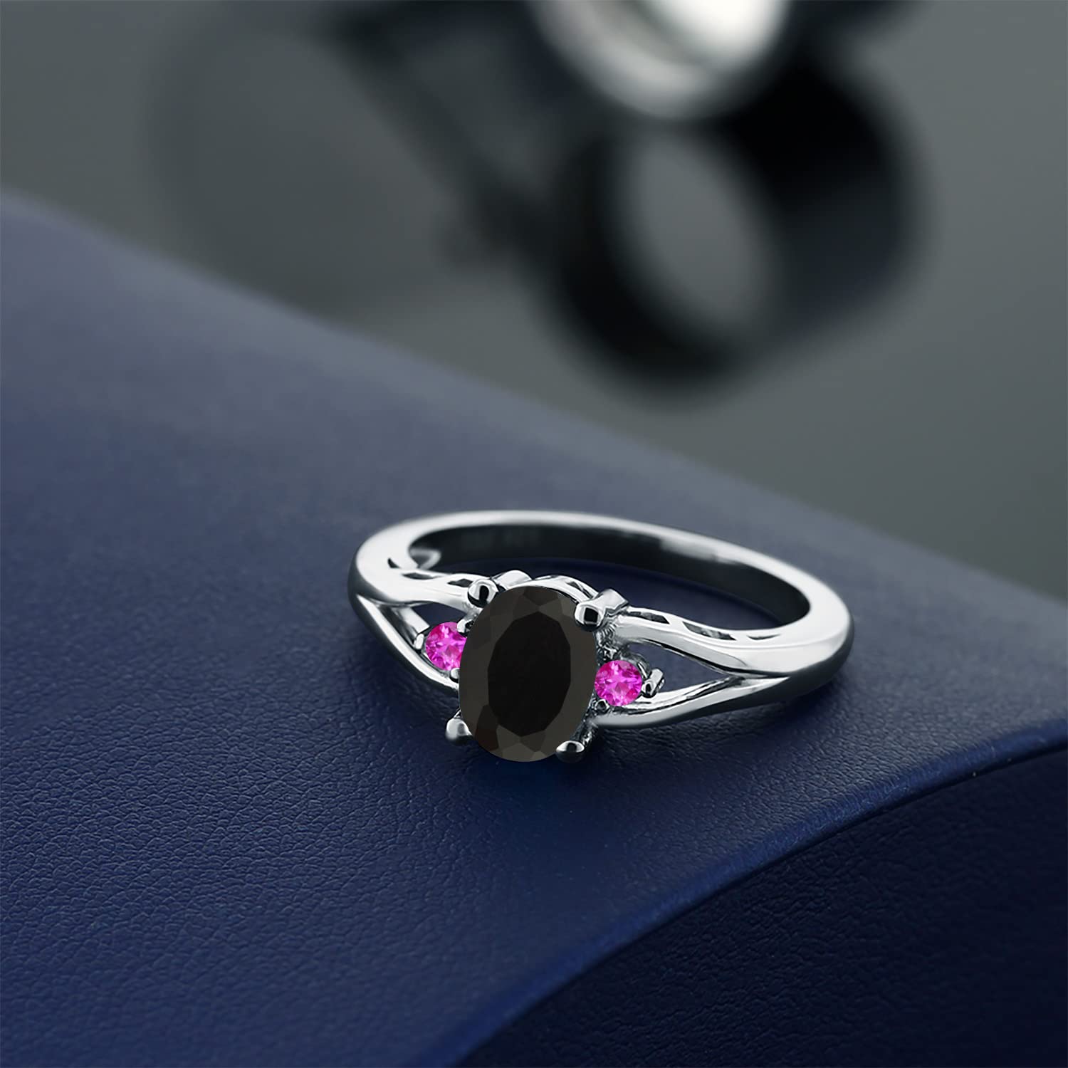 Gem Stone King 925 Sterling Silver Black Onyx and Pink Sapphire 3 Stone Engagement Ring For Women | 1.35 Cttw | Oval 8X6MM | Round 2MM | Gemstone December Birthstone | Size 7