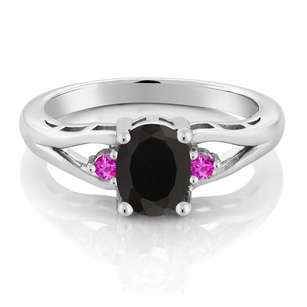 Gem Stone King 925 Sterling Silver Black Onyx and Pink Sapphire 3 Stone Engagement Ring For Women | 1.35 Cttw | Oval 8X6MM | Round 2MM | Gemstone December Birthstone | Size 7