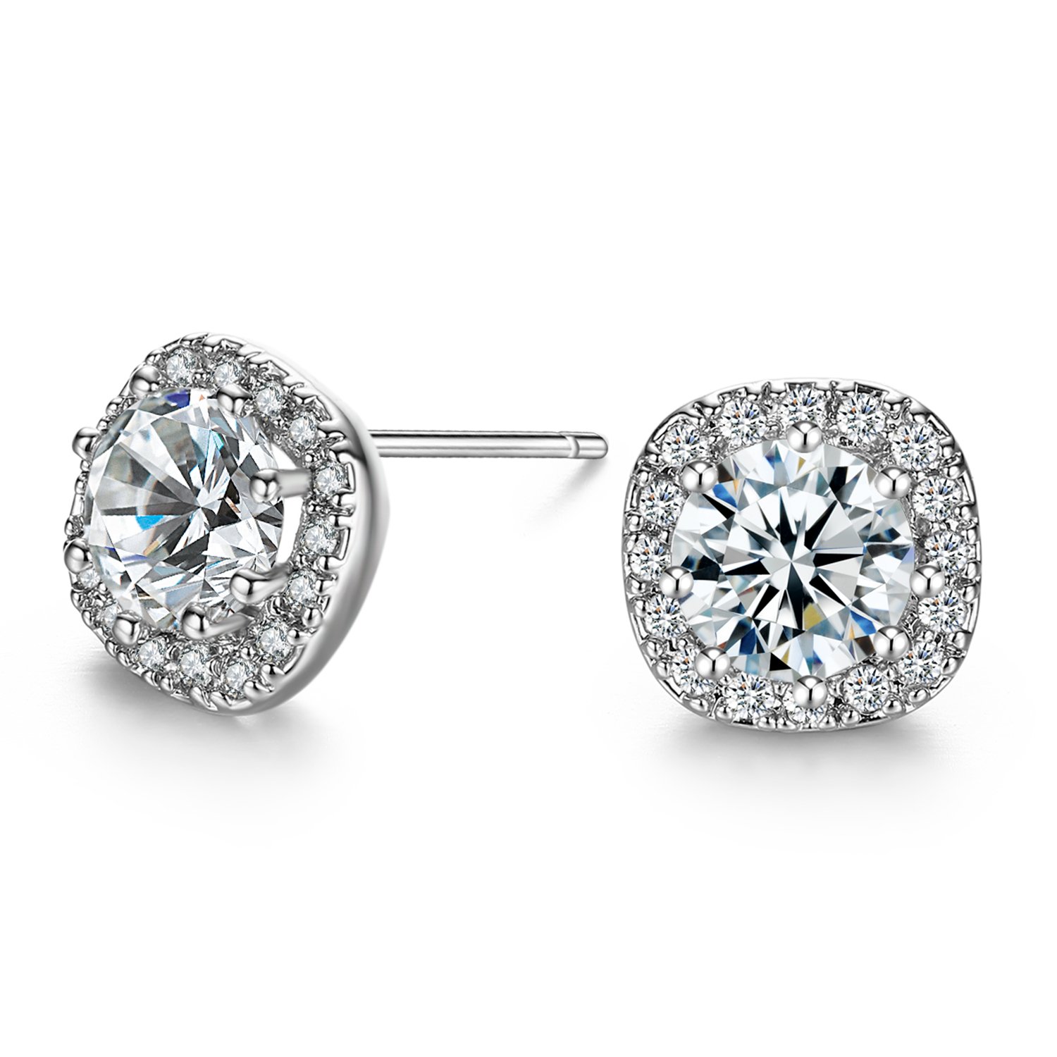 SBLING Platinum Plated Cubic Zirconia Cushion Shape Halo Stud Earrings (1.90 cttw)