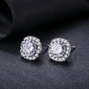 SBLING Platinum Plated Cubic Zirconia Cushion Shape Halo Stud Earrings (1.90 cttw)