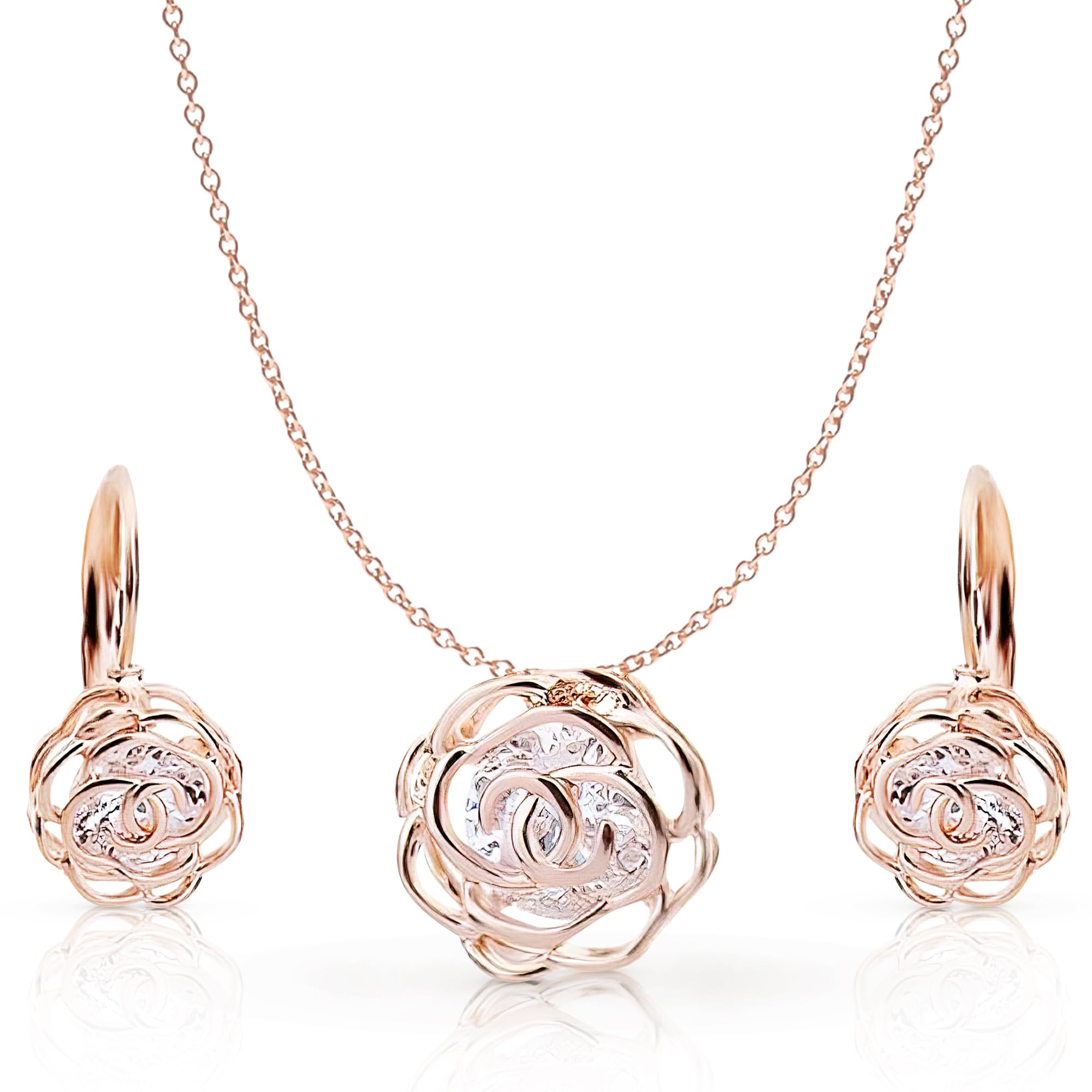 Crystalline Azuria Women 18K Rose Gold Plated White Crystal Roses Flowers Necklace and Earrings Set for Women Wedding Party Bridal Bridesmaid Accessories