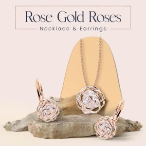 Crystalline Azuria Women 18K Rose Gold Plated White Crystal Roses Flowers Necklace and Earrings Set for Women Wedding Party Bridal Bridesmaid Accessories