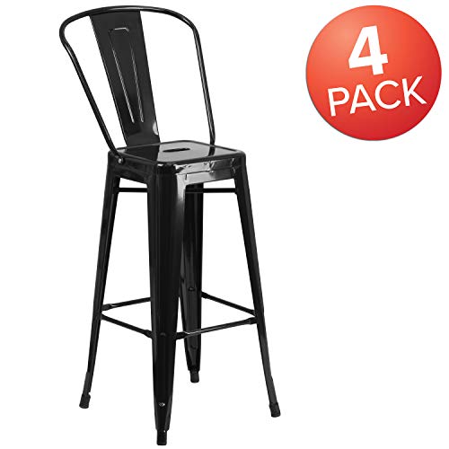 Flash Furniture Lily Commercial Grade 4 Pack 30" High Black Metal Indoor-Outdoor Barstool with Removable Back