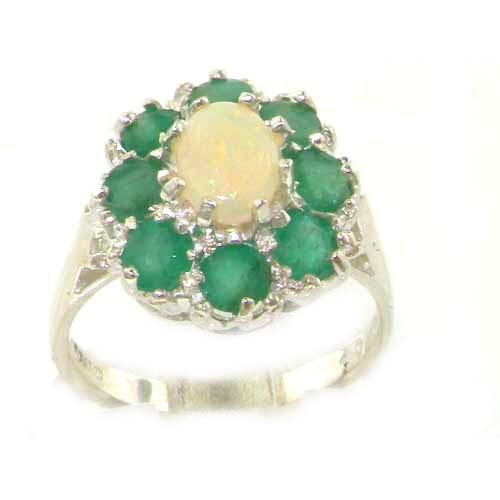 LetsBuyGold 10k White Gold Natural Opal and Emerald Womens Cluster Ring - Size 8.75