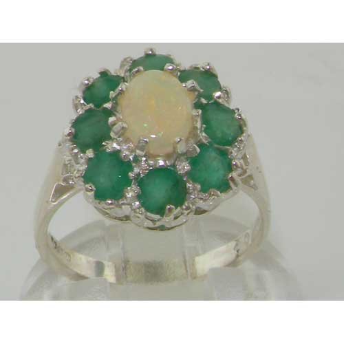 LetsBuyGold 10k White Gold Natural Opal and Emerald Womens Cluster Ring - Size 8.75