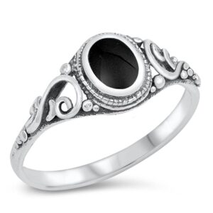 Filigree Simulated Black Onyx Polished Ring New .925 Sterling Silver Band Size 6