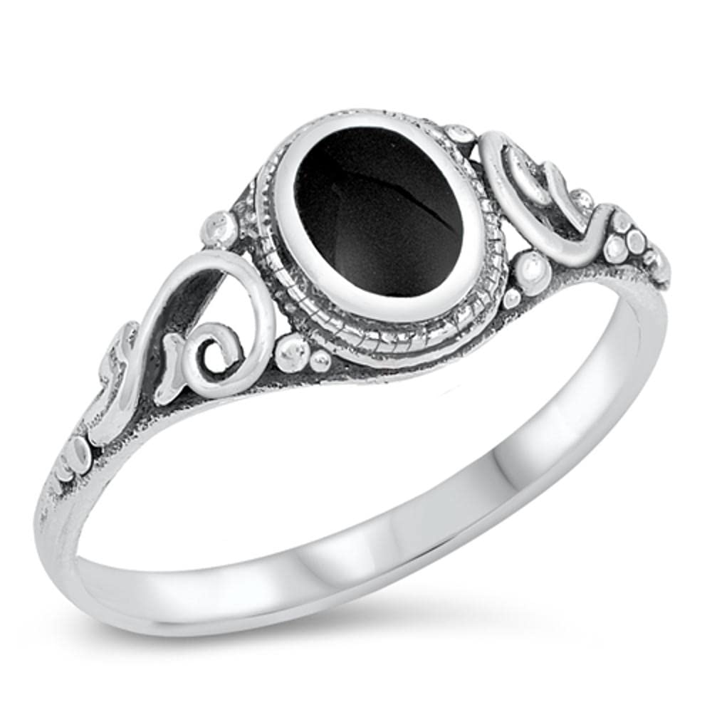 Filigree Simulated Black Onyx Polished Ring New .925 Sterling Silver Band Size 6