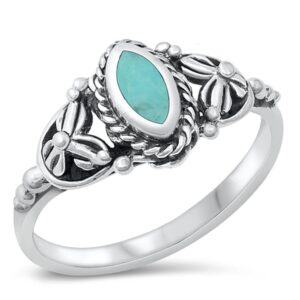 Bali Simulated Turquoise Flower Ring New .925 Sterling Silver Band Size 8