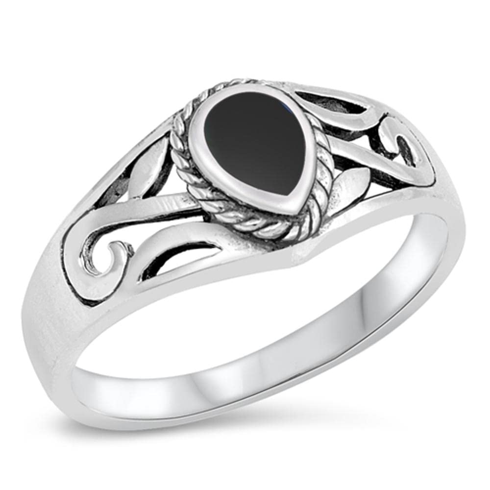 Simulated Black Onyx Teardrop Cutout Ring New .925 Sterling Silver Band Size 8