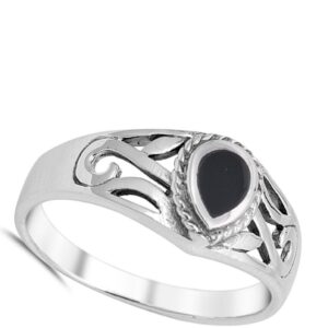 Simulated Black Onyx Teardrop Cutout Ring New .925 Sterling Silver Band Size 8