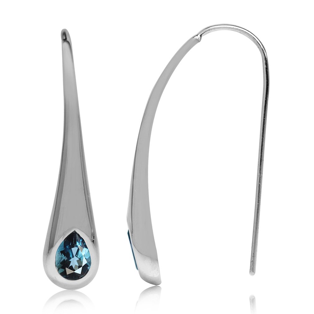 Silvershake 1.5 CT Genuine London Blue Topaz White Gold Plated 925 Sterling Silver Modern Style Hook Earrings