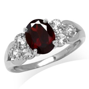 Silvershake 2.05ct. 9X7mm Natural Oval Shape Garnet and White Topaz 925 Sterling Silver Engagement Ring Size 10