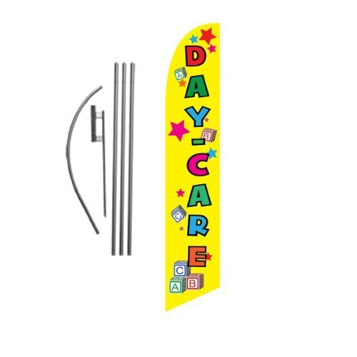 Daycare (yellow) 15ft Feather Banner Swooper Flag Kit - INCLUDES 15FT POLE KIT w/ GROUND SPIKE by FFN