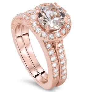 1 7/8CT Vintage Morganite & Diamond Engagement Wedding Ring Set 14K Rose Gold - Size 4