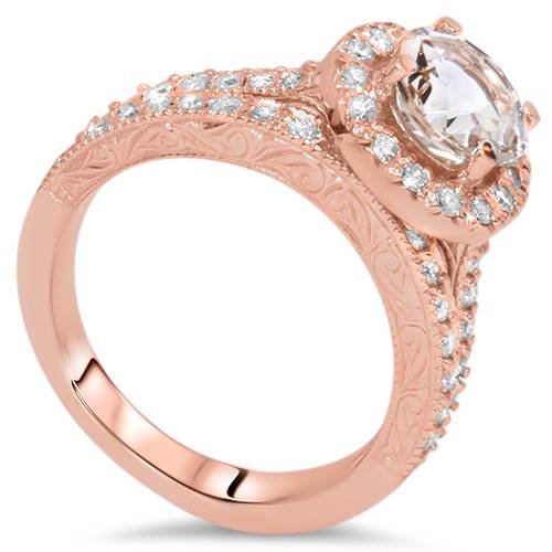 1 7/8CT Vintage Morganite & Diamond Engagement Wedding Ring Set 14K Rose Gold - Size 4