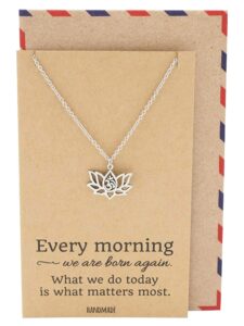 quan jewelry yoga lotus flower pendant necklace with om symbol, happy birthday gifts ideas for mom, daughter, women with inspirational quote on gift card (silver tone)