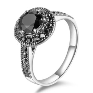 Mytys Vintage Wide Ring Classic Black Marcasite Crystal Rows Statement Silver Chunky Rings (Silver 10, 7)