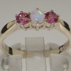 LetsBuyGold 925 Sterling Silver Natural Opal and Pink Tourmaline Womens Trilogy Ring - Size 4.25